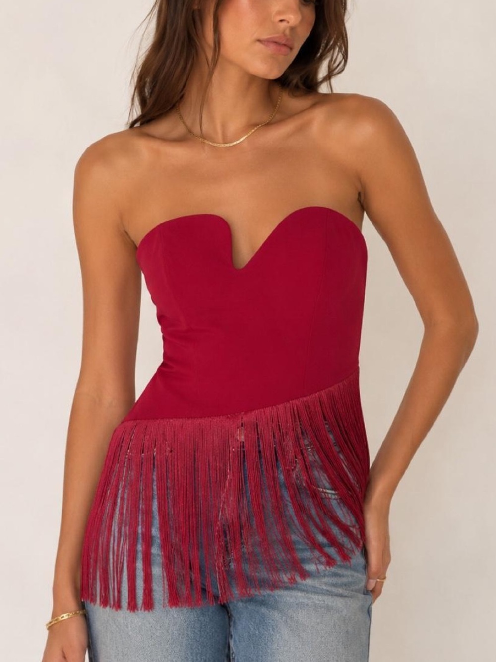 Lizard Thicket Red Fringe Spaghetti Strap Crop Top